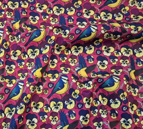 Nouveau - Popeline oeko-tex imprimé en France - Motif Mésange - Pensée d'une Mésange - Fond Fushia