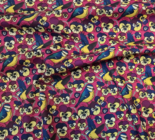 Nouveau - Popeline oeko-tex imprimé en France - Motif Mésange - Pensée d'une Mésange - Fond Fushia – Image 2