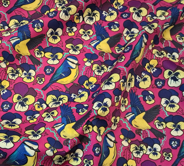 Nouveau - Popeline oeko-tex imprimé en France - Motif Mésange - Pensée d'une Mésange - Fond Fushia – Image 5
