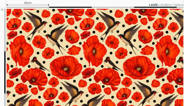Nouveau - Popeline oeko-tex imprimé en France - Motif hirondelles et coquelicots- Promesse d'Hirondelles - Fond Ecru