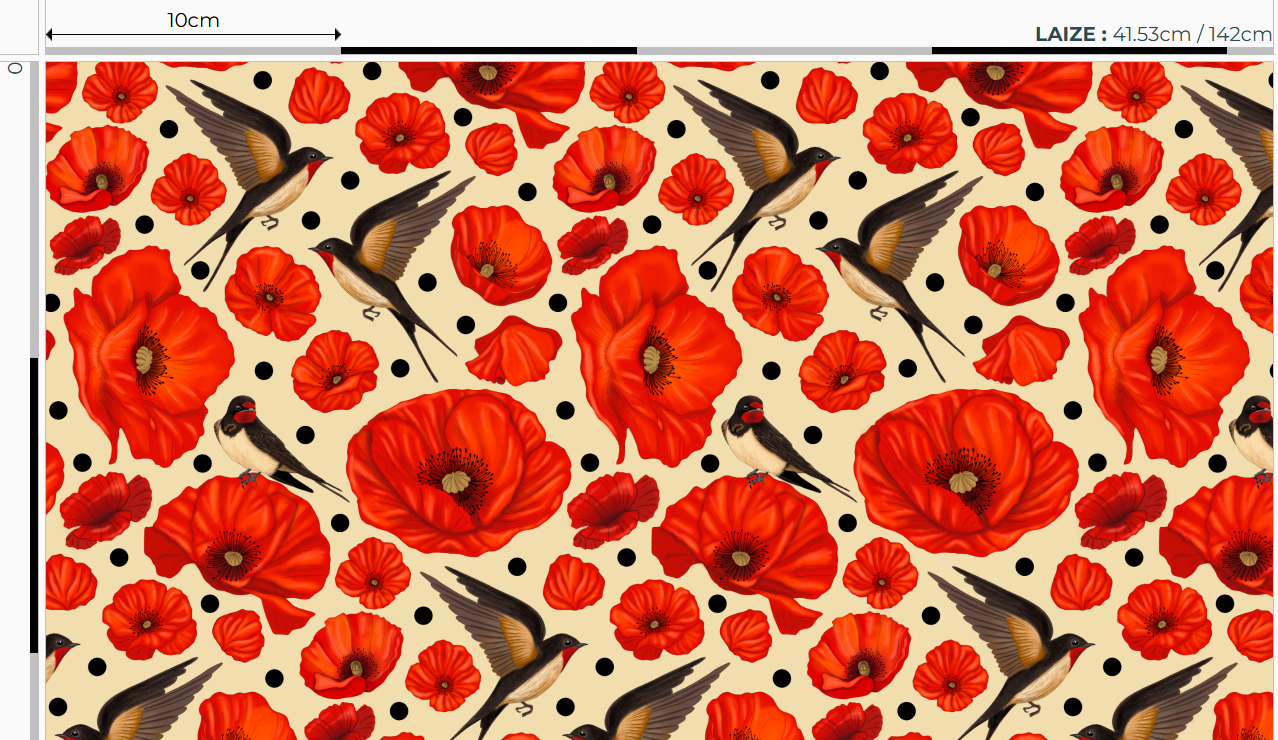 Nouveau – Popeline oeko-tex imprimé en France – Motif hirondelles et coquelicots- Promesse d’Hirondelles – Fond Rouge