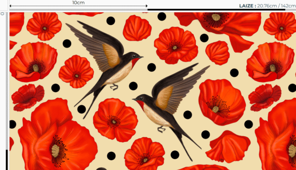 Nouveau - Popeline oeko-tex imprimé en France - Motif hirondelles et coquelicots- Promesse d'Hirondelles - Fond Ecru – Image 4