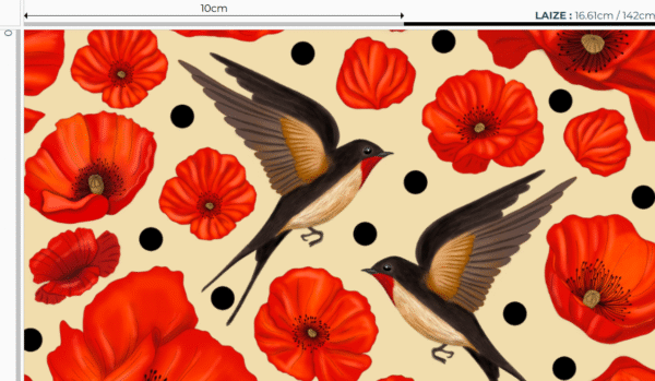 Nouveau - Popeline oeko-tex imprimé en France - Motif hirondelles et coquelicots- Promesse d'Hirondelles - Fond Ecru – Image 3
