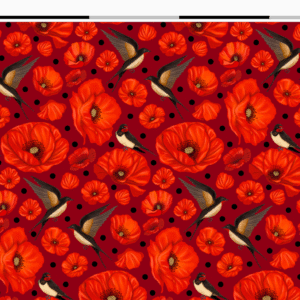 Nouveau – Popeline oeko-tex imprimé en France – Motif hirondelles et coquelicots- Promesse d’Hirondelles – Fond Rouge