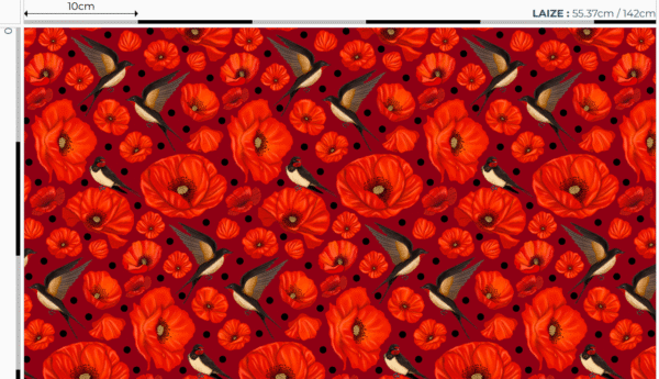 Nouveau - Popeline oeko-tex imprimé en France - Motif hirondelles et coquelicots- Promesse d'Hirondelles - Fond Rouge