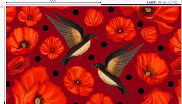 Nouveau - Popeline oeko-tex imprimé en France - Motif hirondelles et coquelicots- Promesse d'Hirondelles - Fond Rouge – Image 6