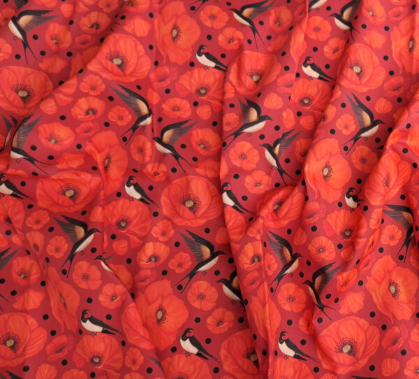 Nouveau - Popeline oeko-tex imprimé en France - Motif hirondelles et coquelicots- Promesse d'Hirondelles - Fond Rouge – Image 8