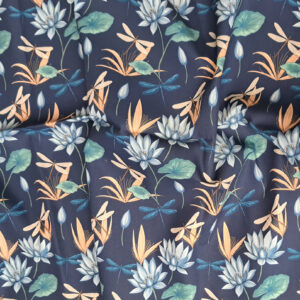 Nouveau – Popeline oeko-tex imprimé en France – Motif Egypte Libellules- Eclat du Nil – Fond Indigo