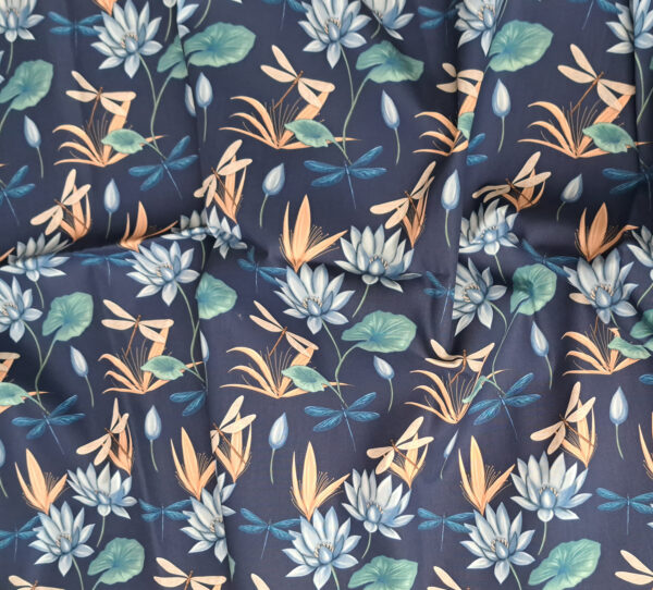 Nouveau - Popeline oeko-tex imprimé en France - Motif Egypte Libellules- Eclat du Nil - Fond Indigo