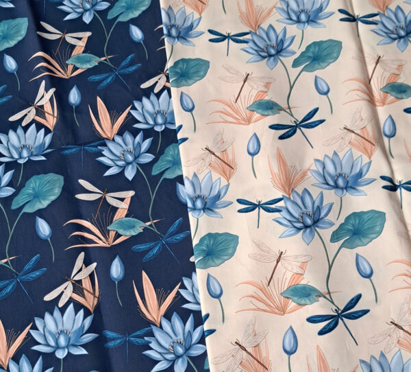 Nouveau - Popeline oeko-tex imprimé en France - Motif Egypte Libellules- Eclat du Nil - Fond Indigo – Image 9