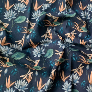 Nouveau – Popeline oeko-tex imprimé en France – Motif Egypte Scarabées- Eclat du Nil – Fond Indigo
