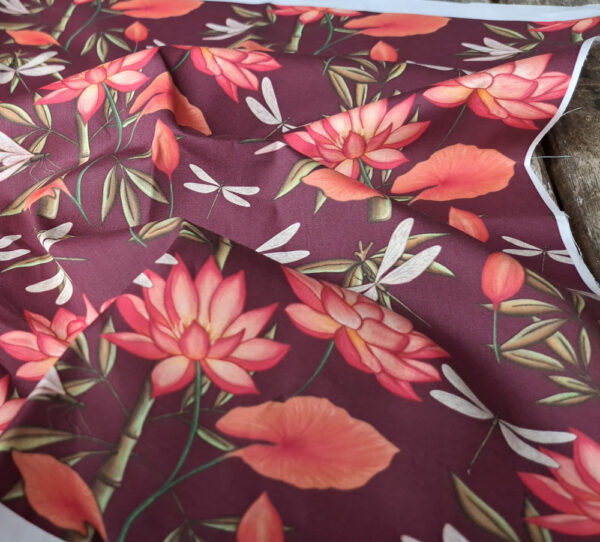 Nouveau - Popeline oeko-tex imprimé en France - Motif - Eclat d'Orient - Fond Bordeaux