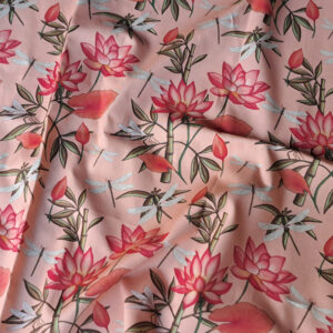 Nouveau – Popeline oeko-tex imprimé en France – Motif – Eclat d’Orient – Fond Saumon