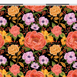 Nouveau – Popeline oeko-tex imprimé en France – Motif – Lisière d’Automne – Fond Noir SANS Rouge-Gorge
