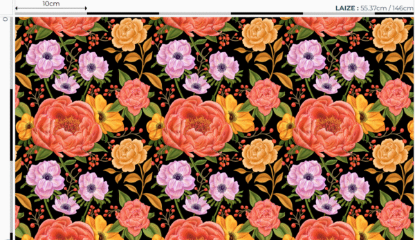 Nouveau - Popeline oeko-tex imprimé en France - Motif - Lisière d'Automne - Fond Noir SANS Rouge-Gorge