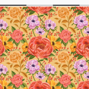 Nouveau – Popeline oeko-tex imprimé en France – Motif – Lisière d’Automne – Fond Orange Pastel SANS Rouge-Gorge