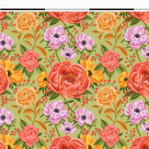 Nouveau – Popeline oeko-tex imprimé en France – Motif – Lisière d’Automne – Fond Vert Pastel SANS Rouge-Gorge