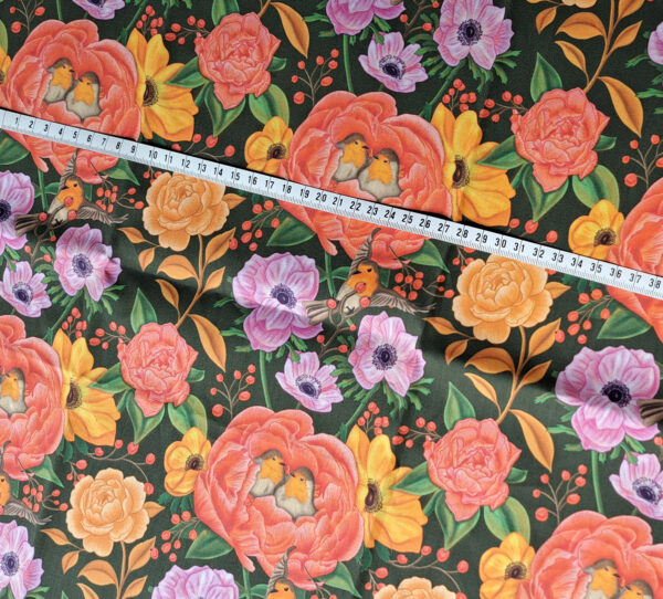 Nouveau - Popeline oeko-tex imprimé en France - Motif - Lisière d'Automne - Fond Kaki avec Rouge-Gorge – Image 11