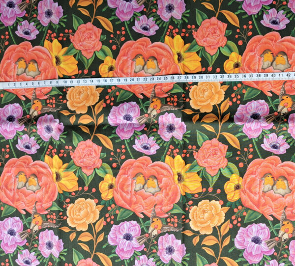 Nouveau - Popeline oeko-tex imprimé en France - Motif - Lisière d'Automne - Fond Kaki avec Rouge-Gorge – Image 12