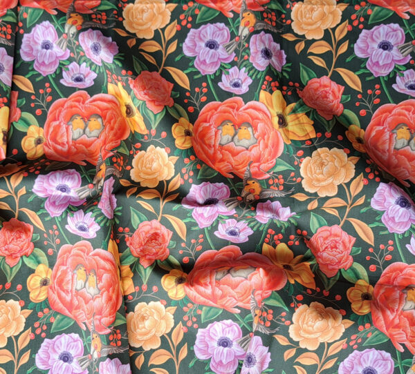 Nouveau - Popeline oeko-tex imprimé en France - Motif - Lisière d'Automne - Fond Kaki avec Rouge-Gorge – Image 3