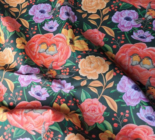 Nouveau - Popeline oeko-tex imprimé en France - Motif - Lisière d'Automne - Fond Kaki avec Rouge-Gorge – Image 4