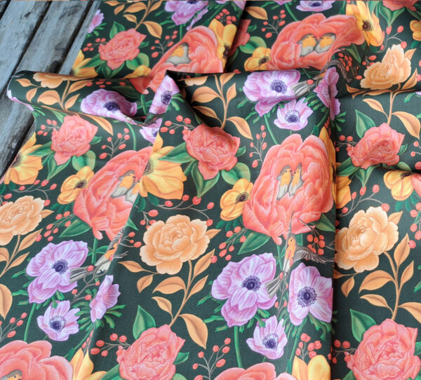 Nouveau - Popeline oeko-tex imprimé en France - Motif - Lisière d'Automne - Fond Kaki avec Rouge-Gorge – Image 5
