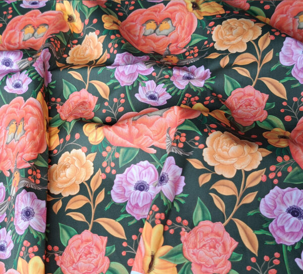 Nouveau - Popeline oeko-tex imprimé en France - Motif - Lisière d'Automne - Fond Kaki avec Rouge-Gorge – Image 6