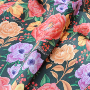 Nouveau – Popeline oeko-tex imprimé en France – Motif – Lisière d’Automne – Fond Kaki avec Rouge-Gorge