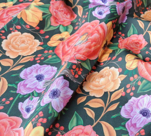 Nouveau - Popeline oeko-tex imprimé en France - Motif - Lisière d'Automne - Fond Kaki avec Rouge-Gorge – Image 2