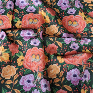 Nouveau – Popeline oeko-tex imprimé en France – Motif – Lisière d’Automne – Fond Kaki avec Rouge-Gorge