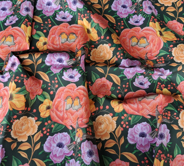Nouveau - Popeline oeko-tex imprimé en France - Motif - Lisière d'Automne - Fond Kaki avec Rouge-Gorge