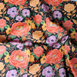 Nouveau – Popeline oeko-tex imprimé en France – Motif – Lisière d’Automne – Fond Noir avec Rouge-Gorge