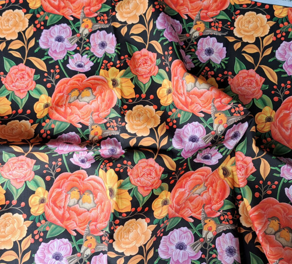 Nouveau - Popeline oeko-tex imprimé en France - Motif - Lisière d'Automne - Fond Noir avec Rouge-Gorge