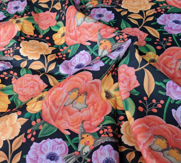 Nouveau - Popeline oeko-tex imprimé en France - Motif - Lisière d'Automne - Fond Noir avec Rouge-Gorge – Image 3