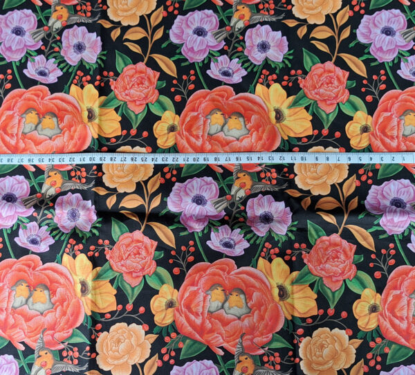 Nouveau - Popeline oeko-tex imprimé en France - Motif - Lisière d'Automne - Fond Noir avec Rouge-Gorge – Image 4