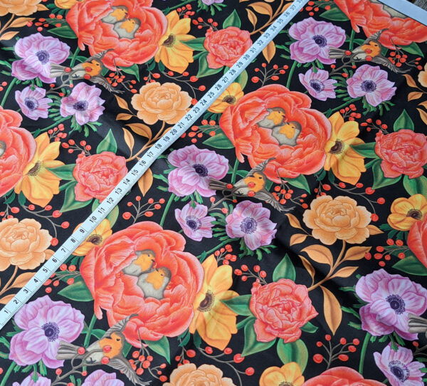 Nouveau - Popeline oeko-tex imprimé en France - Motif - Lisière d'Automne - Fond Noir avec Rouge-Gorge – Image 6
