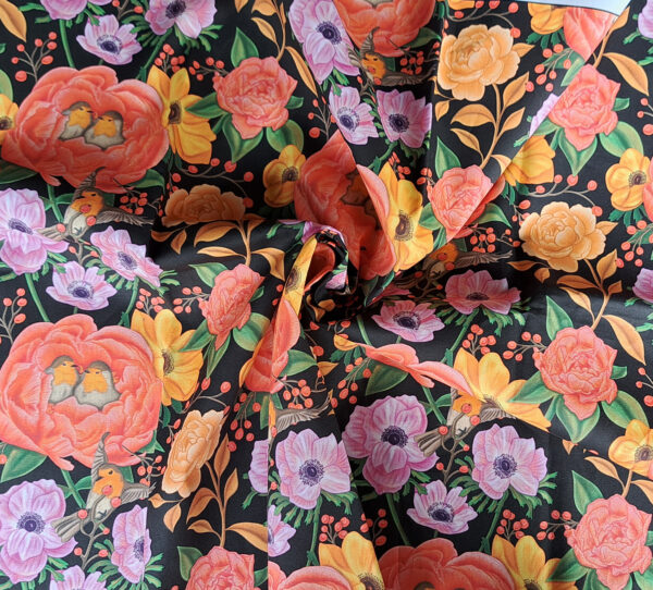 Nouveau - Popeline oeko-tex imprimé en France - Motif - Lisière d'Automne - Fond Noir avec Rouge-Gorge – Image 7