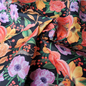 Nouveau – Popeline oeko-tex imprimé en France – Motif – Lisière d’Automne – Fond Noir avec Rouge-Gorge