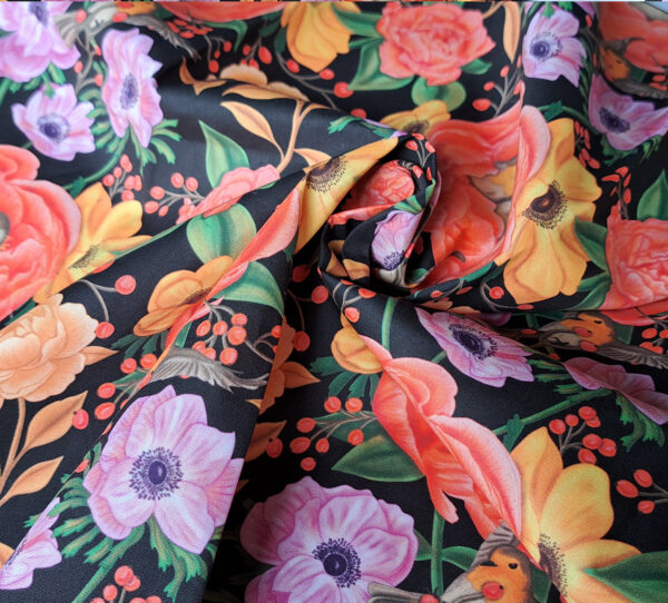 Nouveau - Popeline oeko-tex imprimé en France - Motif - Lisière d'Automne - Fond Noir avec Rouge-Gorge – Image 2