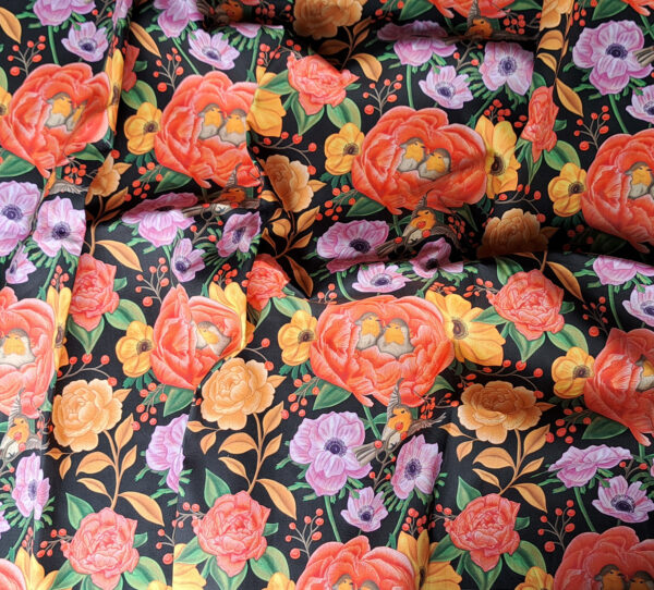 Nouveau - Popeline oeko-tex imprimé en France - Motif - Lisière d'Automne - Fond Noir avec Rouge-Gorge – Image 8