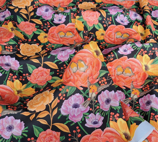 Nouveau - Popeline oeko-tex imprimé en France - Motif - Lisière d'Automne - Fond Noir avec Rouge-Gorge – Image 9