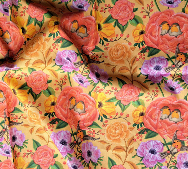 Nouveau - Popeline oeko-tex imprimé en France - Motif - Lisière d'Automne - Fond Orange Pastel avec Rouge-Gorge – Image 3