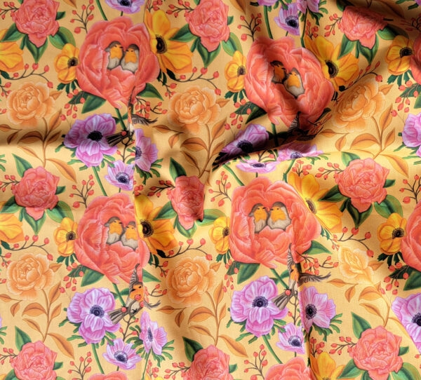 Nouveau - Popeline oeko-tex imprimé en France - Motif - Lisière d'Automne - Fond Orange Pastel avec Rouge-Gorge