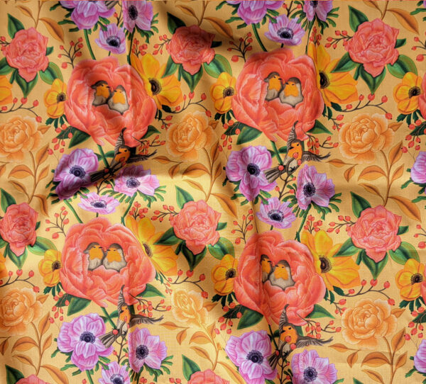 Nouveau - Popeline oeko-tex imprimé en France - Motif - Lisière d'Automne - Fond Orange Pastel avec Rouge-Gorge – Image 7