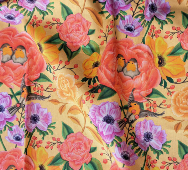 Nouveau - Popeline oeko-tex imprimé en France - Motif - Lisière d'Automne - Fond Orange Pastel avec Rouge-Gorge – Image 6