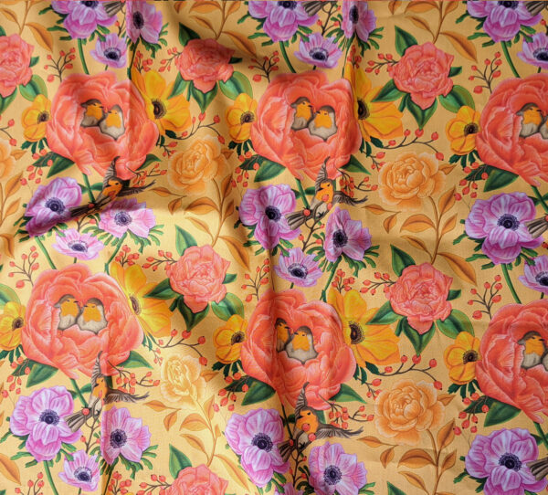 Nouveau - Popeline oeko-tex imprimé en France - Motif - Lisière d'Automne - Fond Orange Pastel avec Rouge-Gorge – Image 5