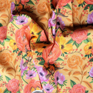 Nouveau – Popeline oeko-tex imprimé en France – Motif – Lisière d’Automne – Fond Orange Pastel avec Rouge-Gorge