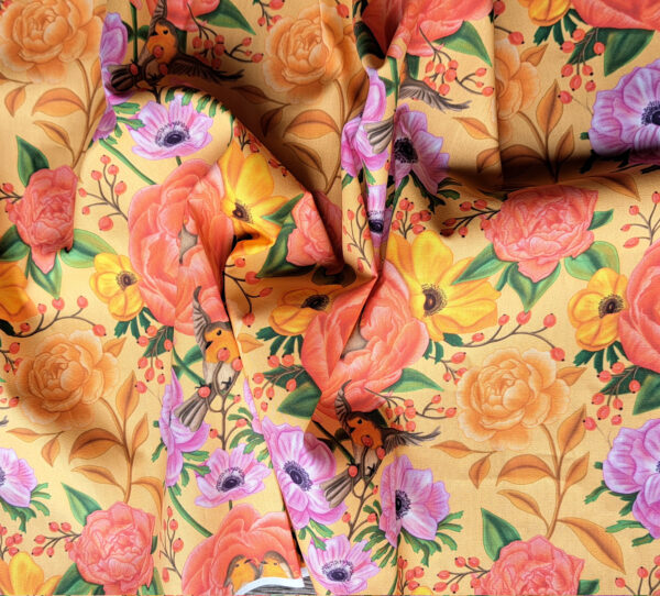 Nouveau - Popeline oeko-tex imprimé en France - Motif - Lisière d'Automne - Fond Orange Pastel avec Rouge-Gorge – Image 2