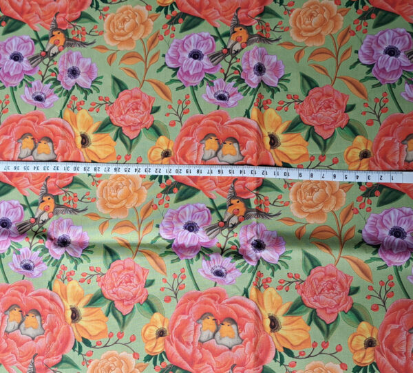 Nouveau - Popeline oeko-tex imprimé en France - Motif - Lisière d'Automne - Fond Vert Pastel avec Rouge-Gorge – Image 9