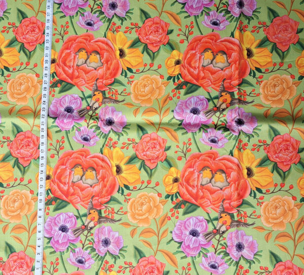 Nouveau - Popeline oeko-tex imprimé en France - Motif - Lisière d'Automne - Fond Vert Pastel avec Rouge-Gorge – Image 10
